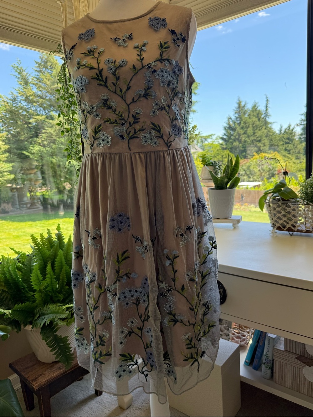 Sundance Sleeveless Embroidered Midi Dress in Taupe with Blue Floral Accents